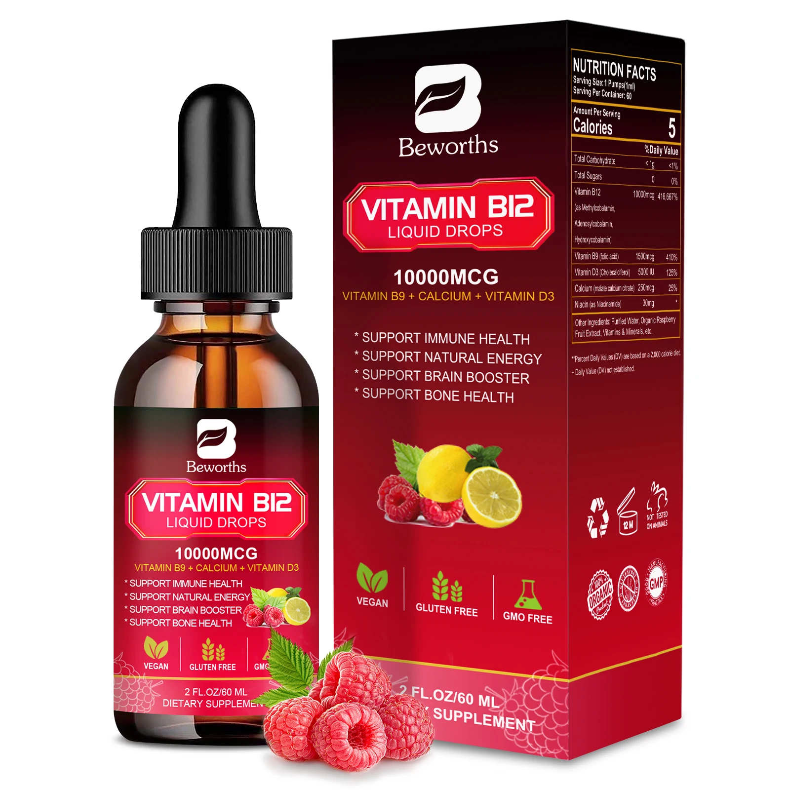 BEWORTHS Vitamin B12 Drops Energy Supplements Support Immune Health Protecting Cardiovascular Health Promote Digestion