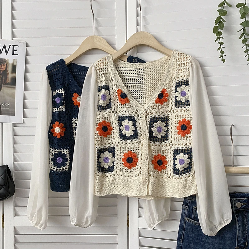 Granny Square Crochet Button-up Top Long Sleeve Sheer Open-knit Crop Cardigan for Women Teengirl Fairycore Vintage Outfit