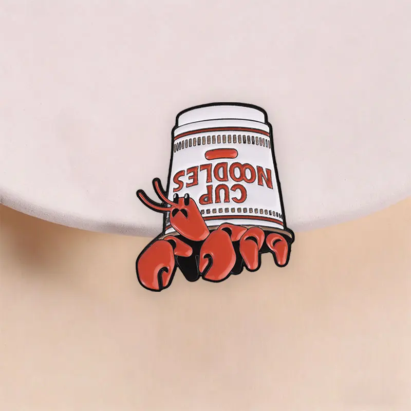 Lobster Cup Noodles Enamel Pin Funny Red Lobster Holding Instant Noodles Brooch for Food Lover and Retro Snack Fans Casual Style