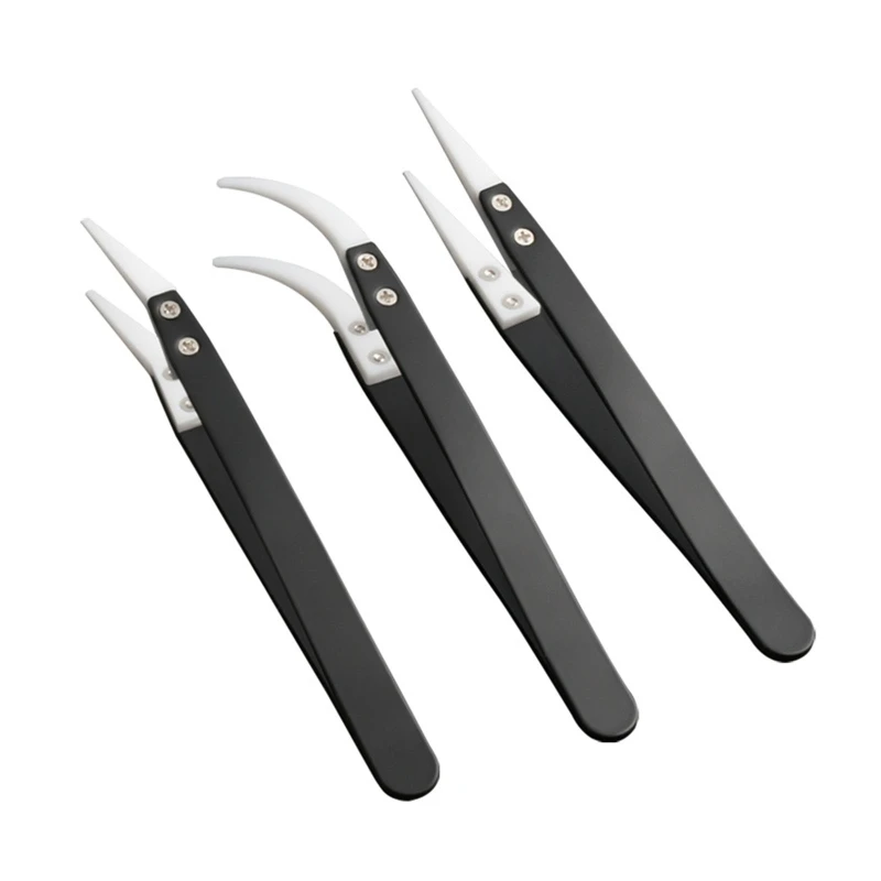 Ceramic Clips Reverse Tweezers Anti-static Insulated 3PCS Straight Curved Clips