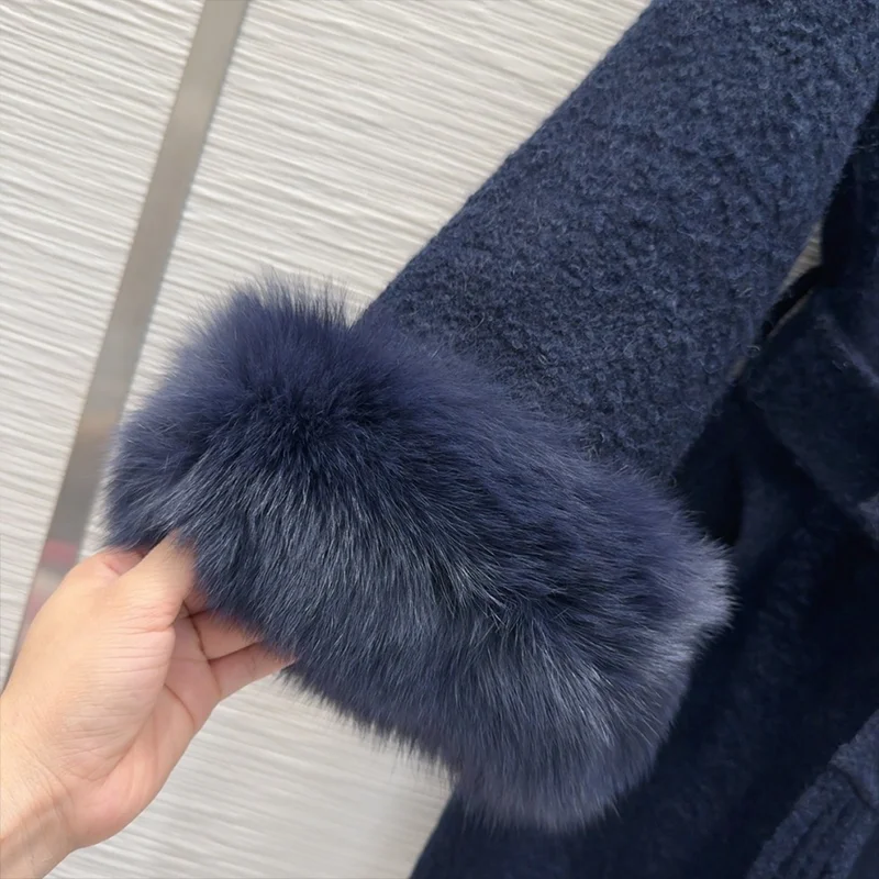 고품질 양면 캐시미어 여성 레이스업 밍크 퍼 커프 울 코트, 중간에서 긴 스타일 여성 의류 25121712