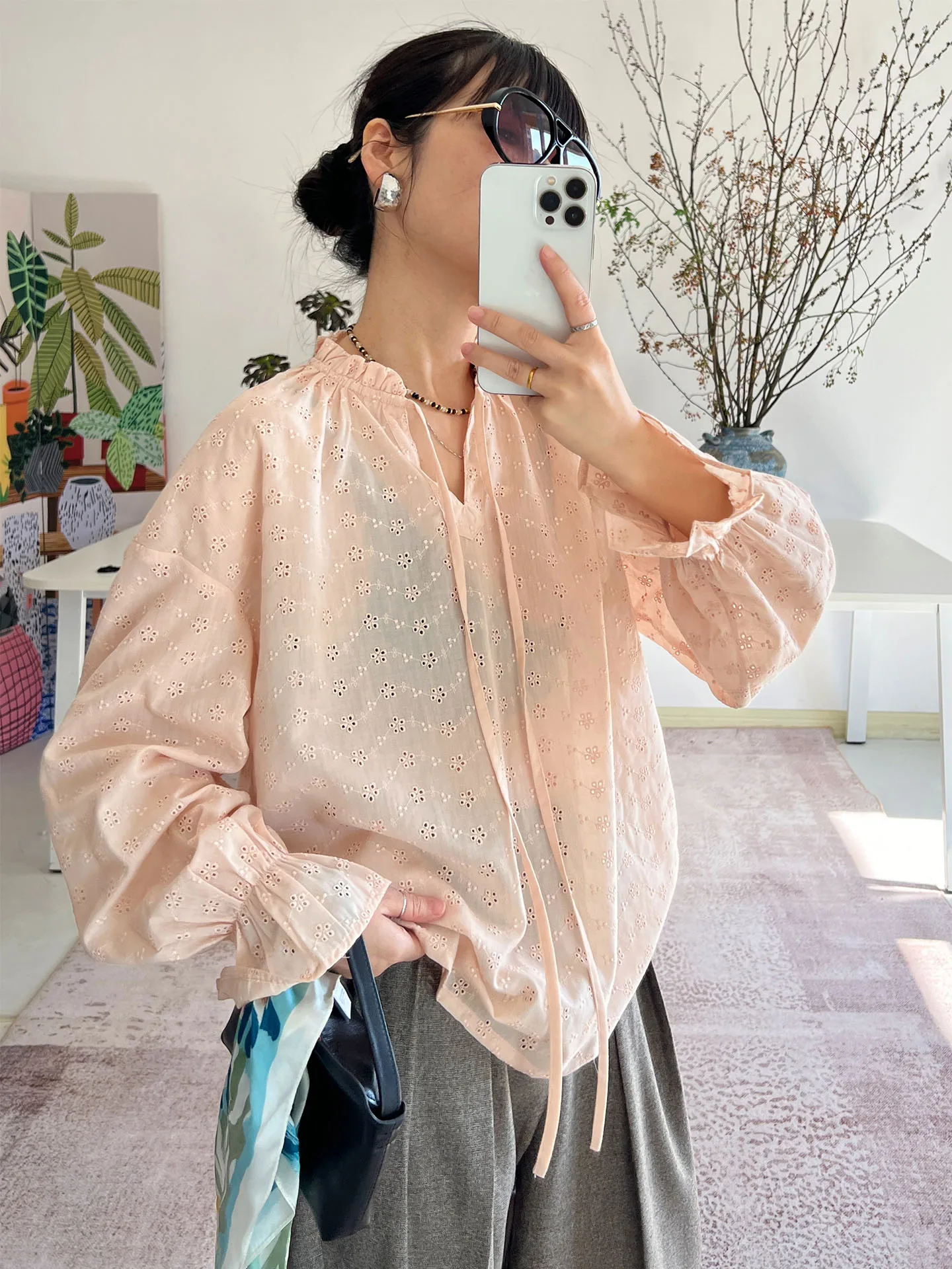 

Spring 2026 Long Sve Embroidered Cotton Blouse Floral Lace Overhead Versatile Top French Sle Loose Fit Breathable Wome...