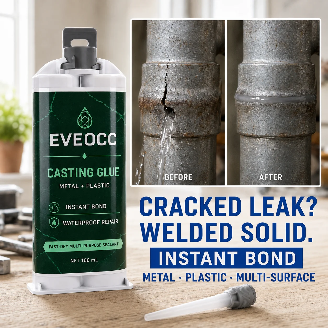 Metal Plastic Repair Casting Glue, EVEOCC 100ml Fast‑Drying Waterproof Instant Bond Multi‑Purpose Sealant