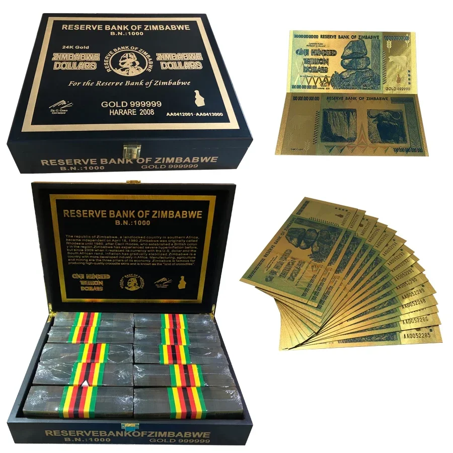 2025 HOT Running Number 1000pcs One Hundred Trillion Dollars Zimbabwe Gold Banknotes in Box For Great Collection Gifts