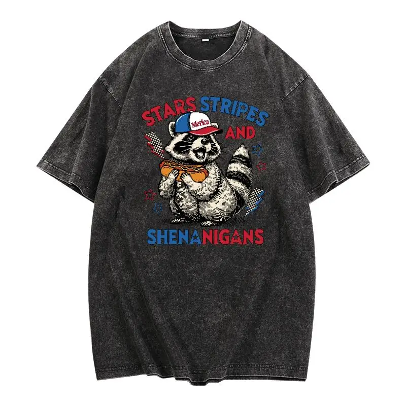 

2025 New Funny Raccoon Print Men's T-Shirt 4th of July Patriotic Graphic Oversized Vintage Washed Man Tee S-XXL