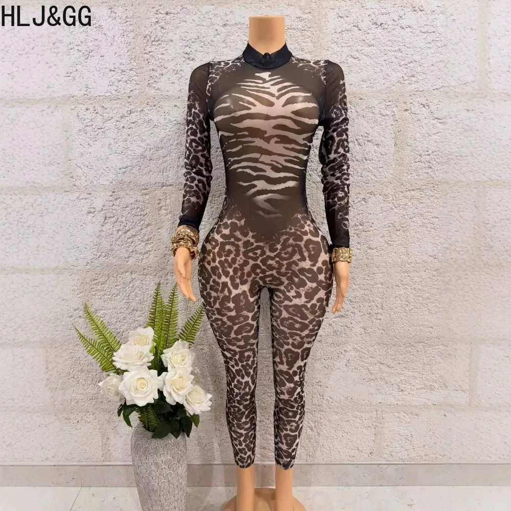 HLJ&GG Sexy Mesh Leopard Print Jumpsuit Women High Neck Long Sleeve See Through Bodycon Romper Party Clubwear Outfit for Ladies