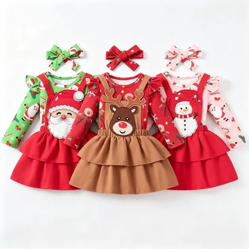 Newborn Girls Clothes Infant Baby Girls Christmas Outfit Red Green Santa Reindeer Snowman Print Skirt