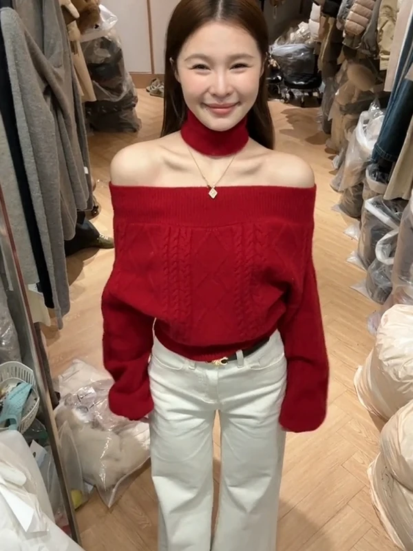 

Christmas Atmosphere Soft Red Shoulder Sweater Women's Spring New Lazy Loose Slimming Knitted Top Casual Style High Collar Lo...