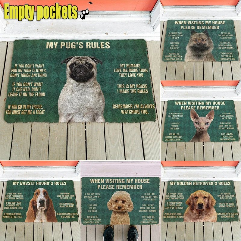 Pugs Rules Doormat Decor Print Animal Dog Floor Door Mat Non-Slip 3D Soft Flannel Custom Carpet for Hallway Bedroom