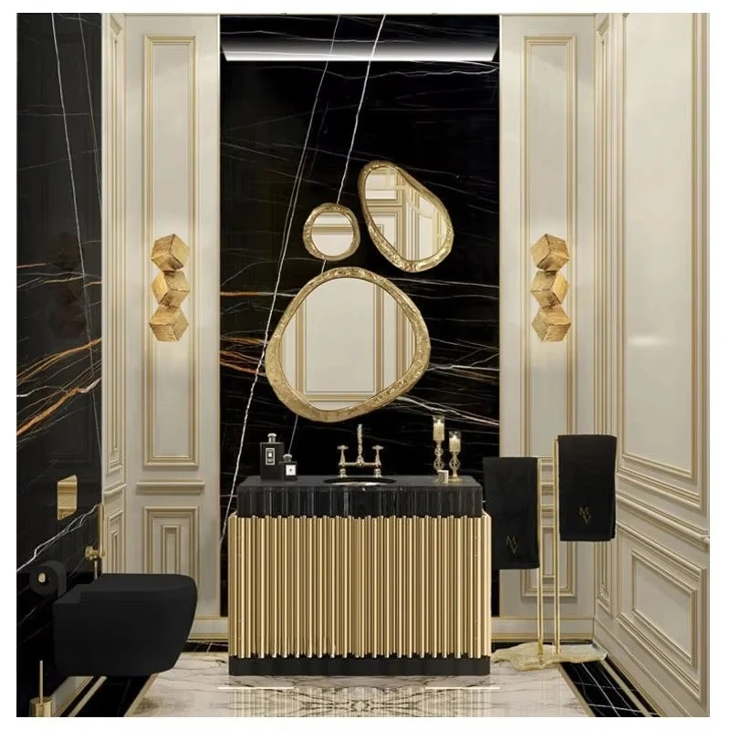 Customized Italian Design Bathroom Cabinet With Sink Stainless Steel Black Marble Top Small Size Washbasin