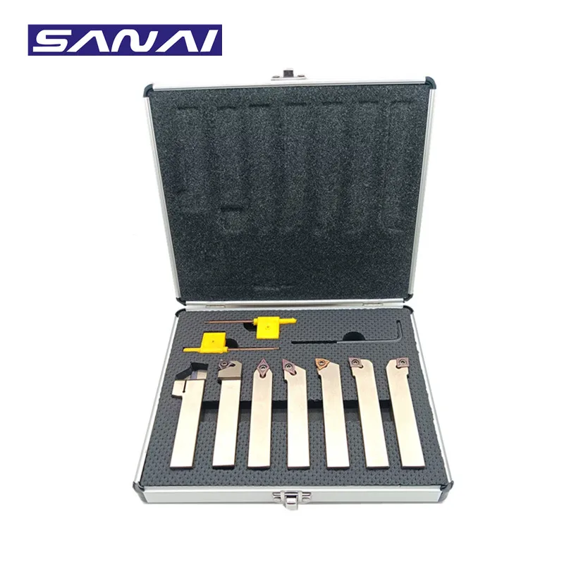 

SANAI 7Sets of 16MM Shank Nickel Plated CNC Lathe Turning Tool Holder with Carbide Inserts and Wrenches in Case Set