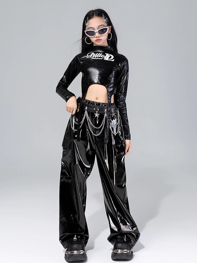 2025 ملابس رقص الجاز للفتيات ملابس أداء Kpop لامعة سراويل رقص سوداء موضة الهيب هوب ملابس الرقص في الشارع VDL4575 #4