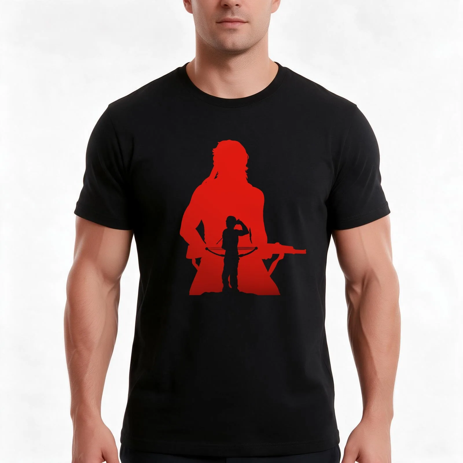 Rambo Negative Space Art T-Shirt, Summer Casual Cotton Tee, Oversized Streetwear Tops, Vintage Graphic Print, Unisex Men Women