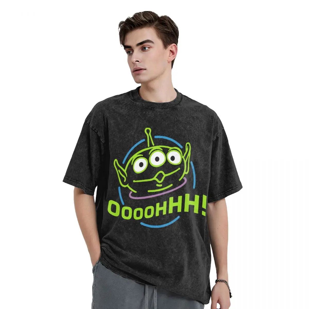 Washed T Shirt Oooohhhhhh! Alien Hip Hop Vintage T-Shirt Oversize Toy Story Streetwear Printed Tops Tee Shirt for Men Women