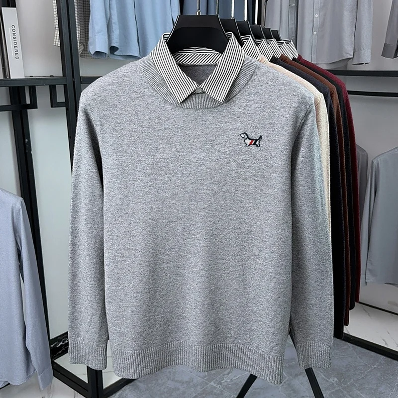 Herren O-Ausschnitt Strickpullover Herbst Winter Farbblock Zweiteiliger Look Hemdkragen Langarm-Oberteil Business Casual Herrenbekleidung – Detail 14