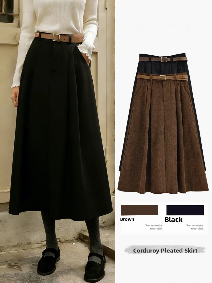 

Коричневая вельветовая винтажная юбка с высокой талией, женская осенне-зимняя новая тонкая длинная юбка трапециевидной формы для поездок на работу, модная юбка Ci...