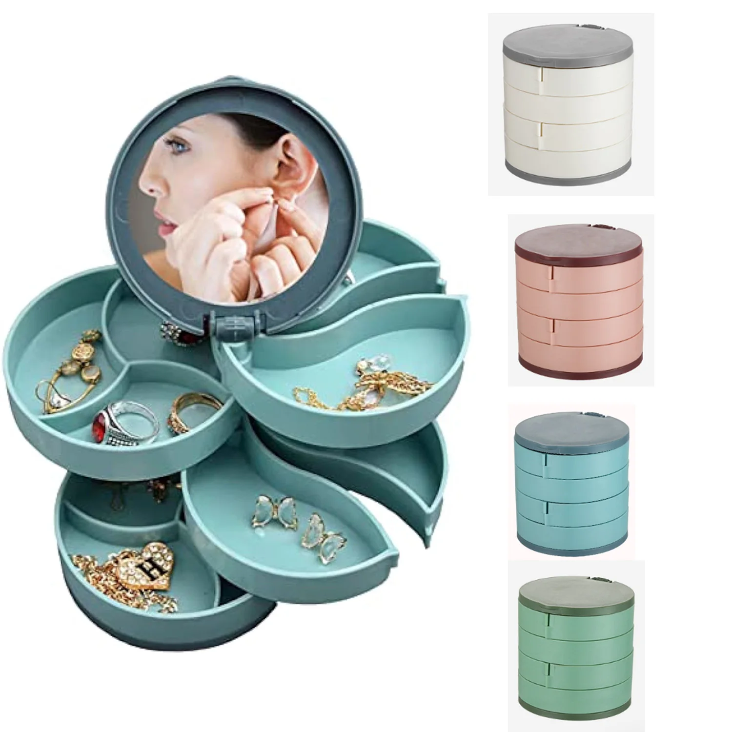 

Small Travel Rotating Jewelry Storage Case Mirror Organizer for Women 4-layers for Earrings Necklaces Bracelets