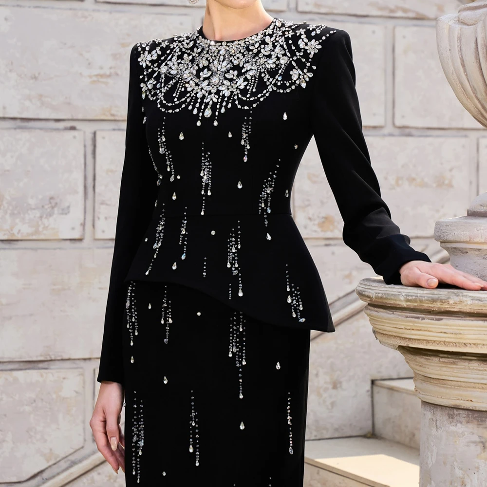 맞춤형 고급스러운 스트레이트 이브닝 드레스 바닥 길이 하이넥 풀 슬리브 프롬 가운 심플 패션 크리스탈 파티 가운