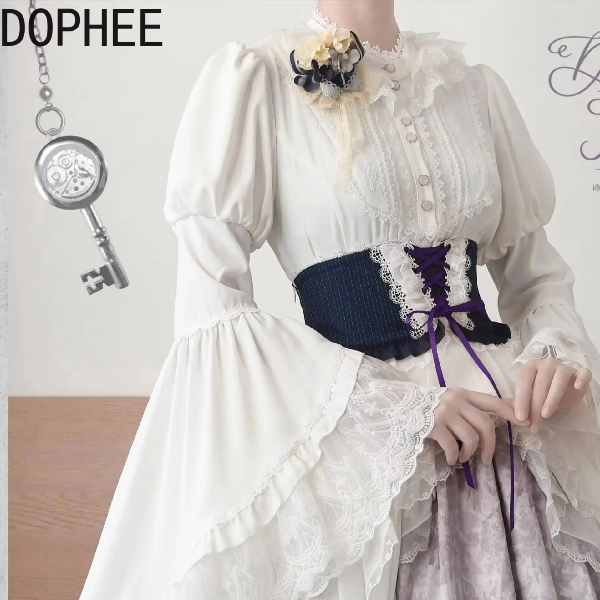 Original Lolita Gothic Flare Sleeve Women Blouses Elegant Stand Collar Long Sleeve Shirts Single-breasted High Waist Fairy Tops
