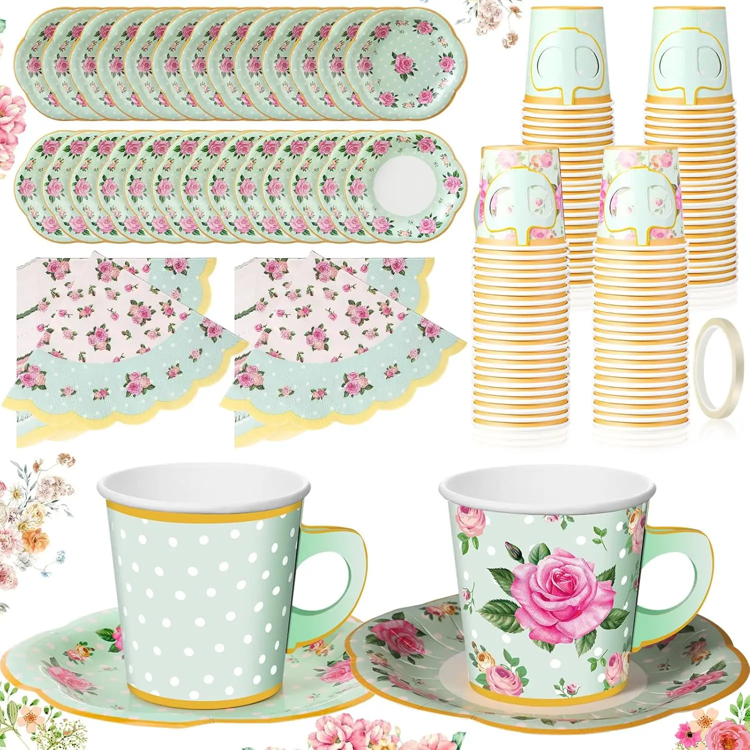 

36 Set Tea Party Decorations 6.5 oz Floral Paper Coffee Cups with Handle and Saucers Paper Napkins with Tape, Blossom Di