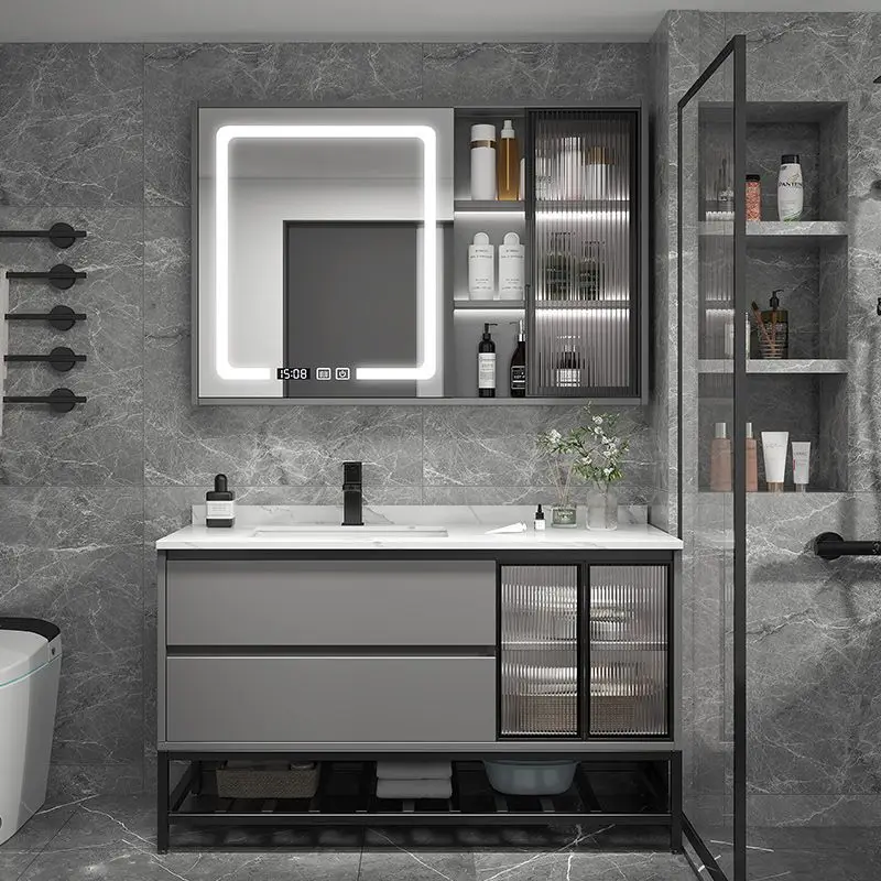 

Modern double sink bathroom vanity with waterproof cabinets steel wood furniture suitable for home or hotel use