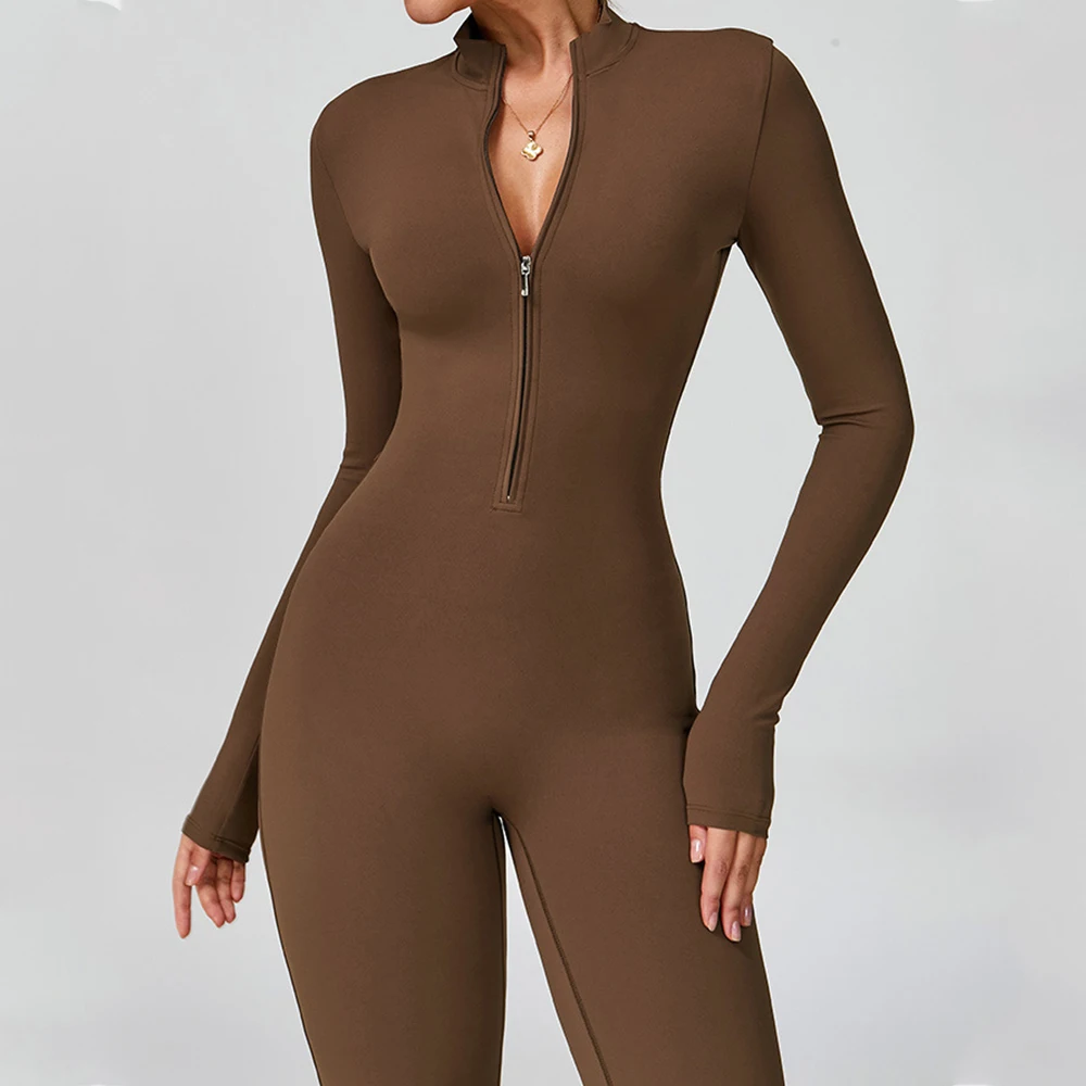 

Gym Zipper Jumpsuits Yoga Boilersuit Long Sleeved Women's Tracksuits Flared Pant Fitness Rompers One-piece Suit Workout Clothes
