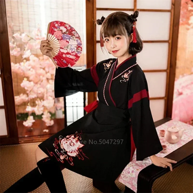 اليابانية Jurk كيمونو Vrouw Zwart مع كات Borduurwerk Rokken خمر Aziatische Kleding Yukata Haori تأثيري Feest 2 Stuks مجموعات