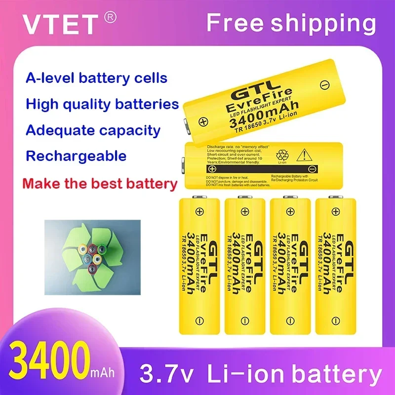 New 18650 Battery 3.7V 3400mAh Rechargeable Li-ion Battery for Led Flashlight Toys Fan Battery DIY Make High Quality Reusable