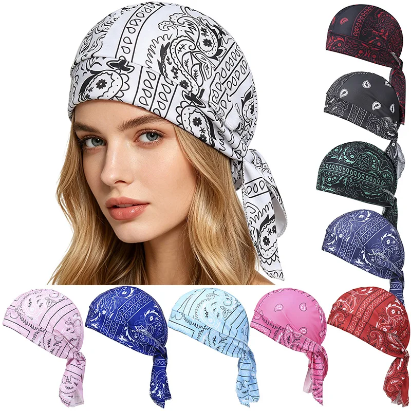 New Women Men Turban Hat Cashew Printed Elastic Cloth Beanie for Cycling Sports Fashion Hats Summer 10 Colors