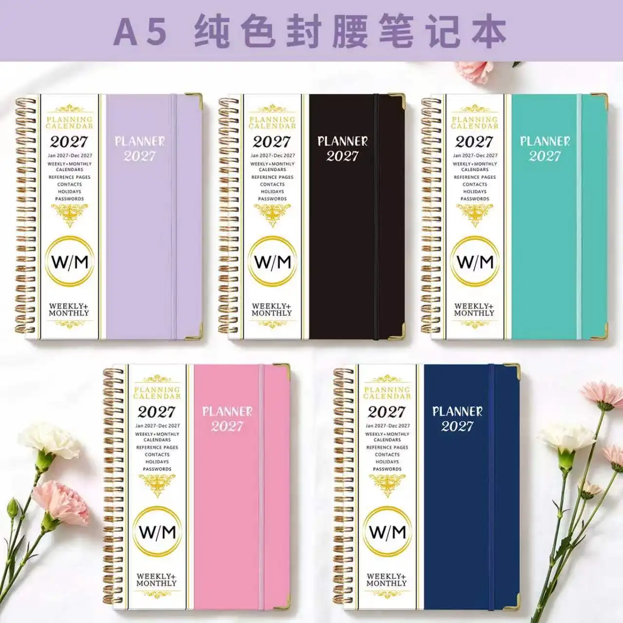 2027 Weekly Monthly Planner Notebook Elastic Strap Hardcover Coil Binding for Office Study Meeting Scheduling Tasks