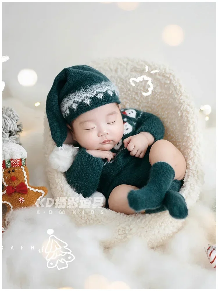 Giorno di natale verde bambino fotografia abbigliamento neonato fotografia abbigliamento puntelli pupazzo di neve Studio bambino luna piena arte foto