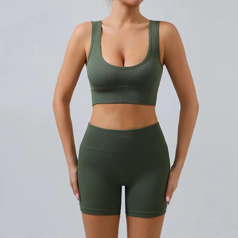 Seamless Ribbed Yoga Sets Workout Top for Women 1Pc Gym Suits Ribbed Crop Tank High Waist Shorts Outfits Fitness Running Bra