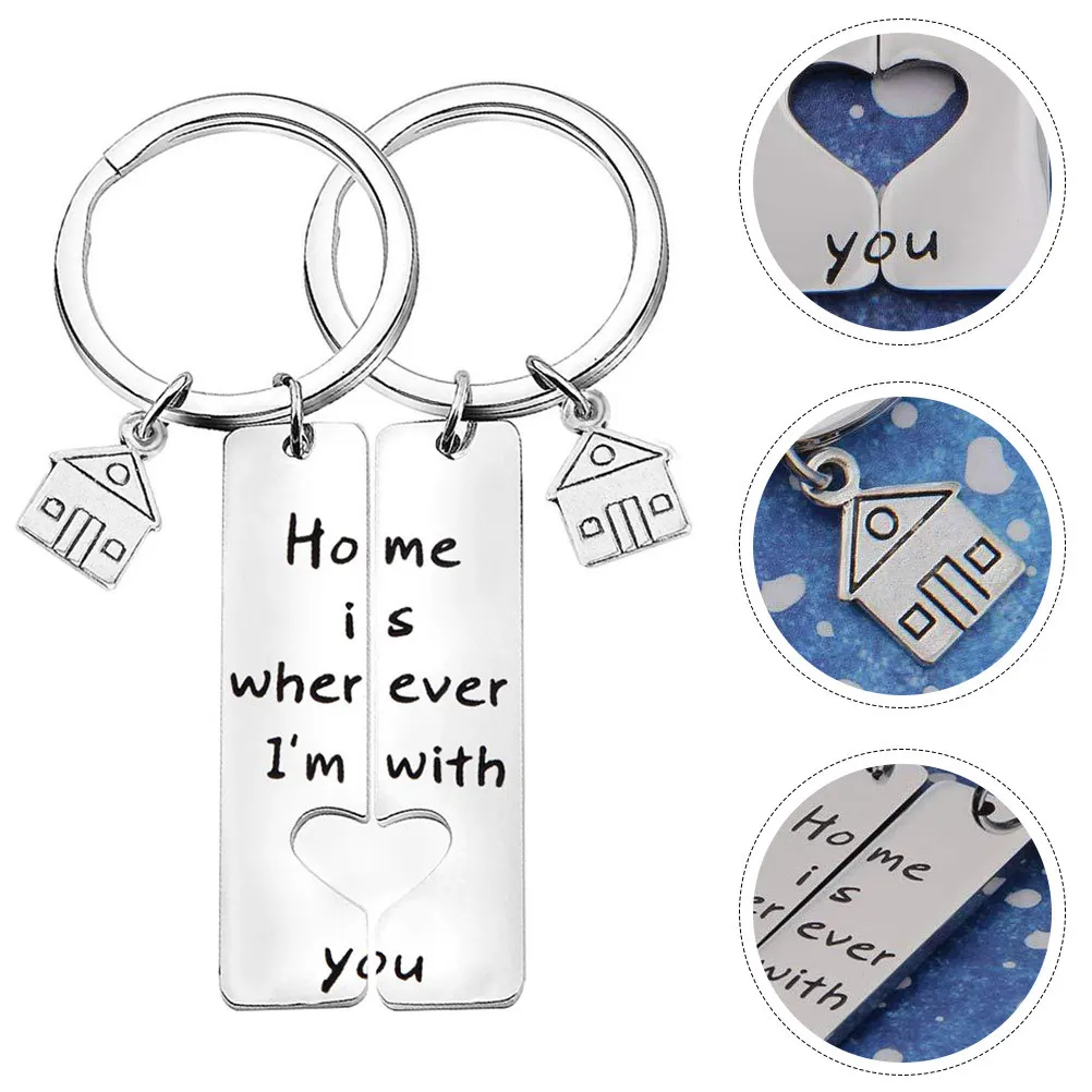 1Pair Sweet Meaningful Splicing Keychain Set Premium Titanium Steel Silver Keyrings for Couples Homeowner Gift Hanging Keychain