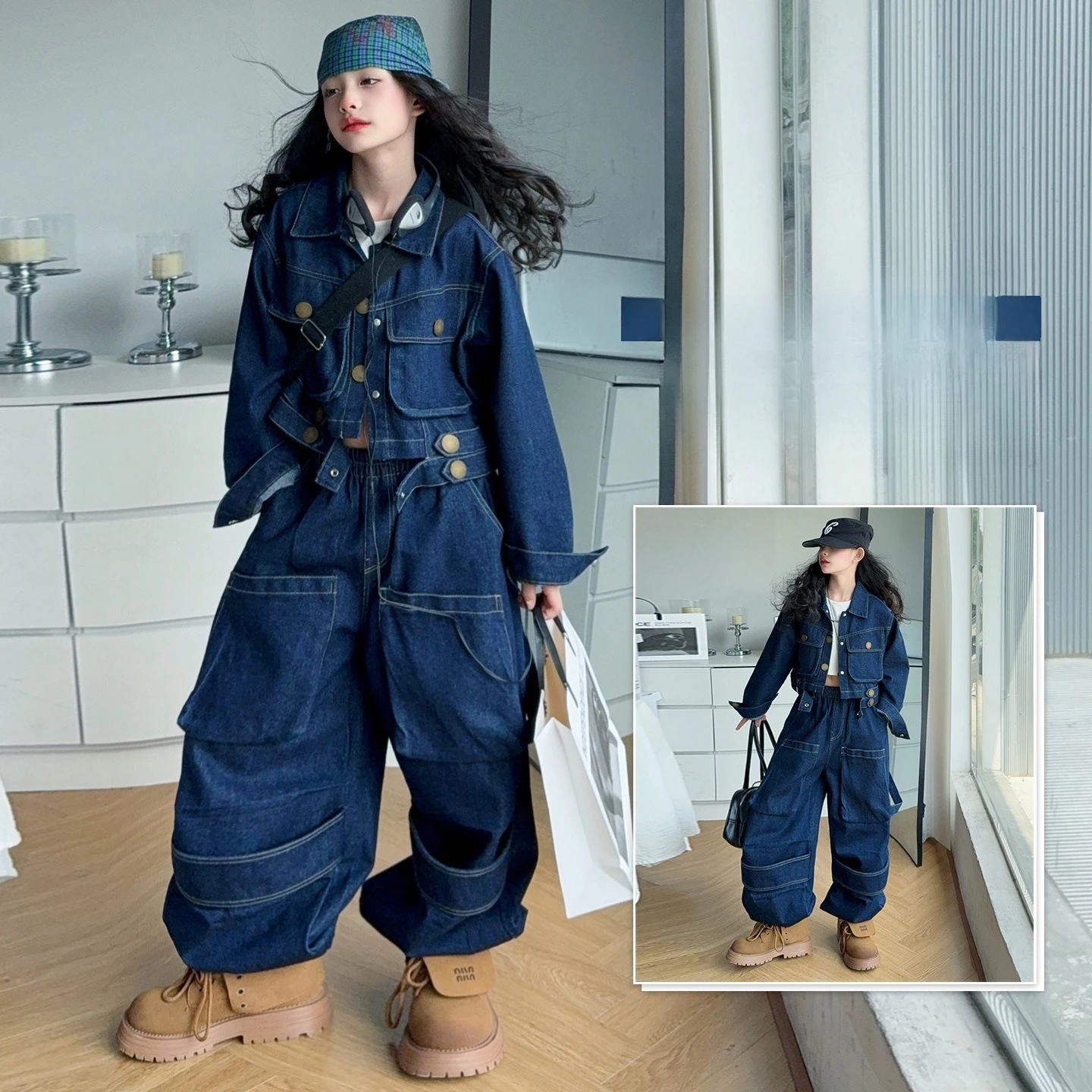 

design teen girls Workwear clothes set short denim jacket+multi-pocket cargo pants 2pcs junior kid coat pants suit child outfits