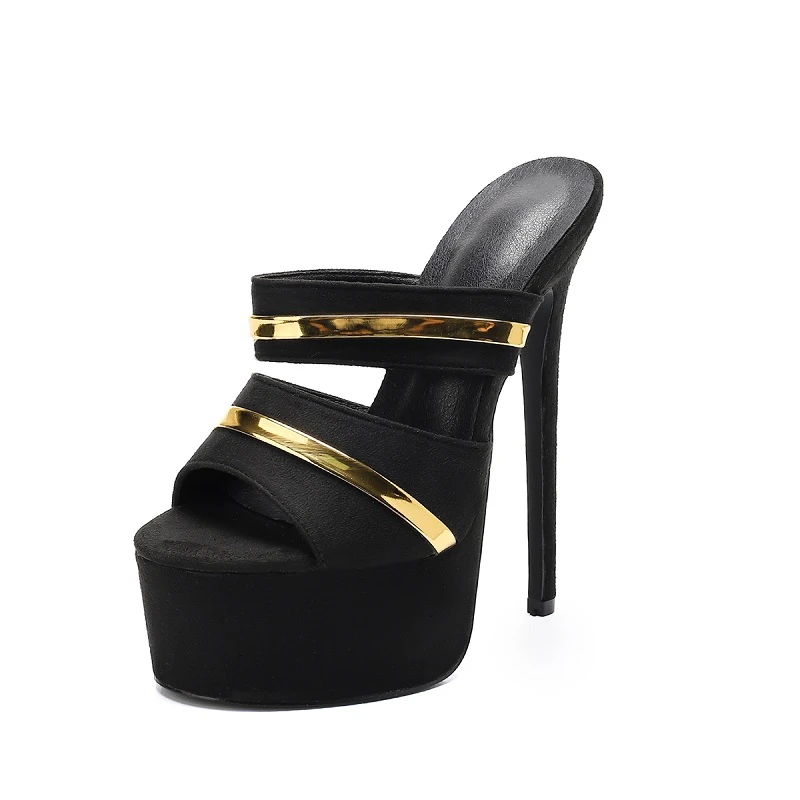 Aneikeh Black Suede Platform Mule Sandals Gold Metal Strap Ultra Thin Stiletto Super High Heel Open Toe Nightclub Party Footwear