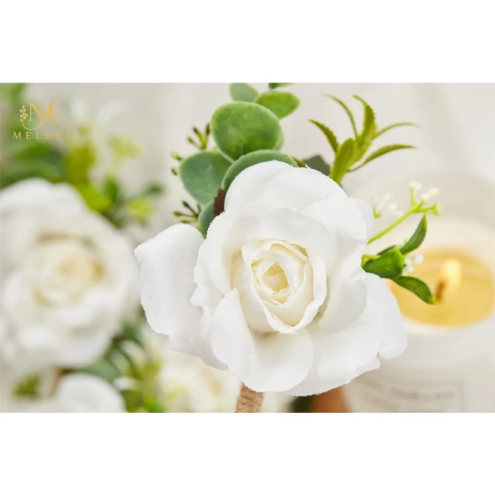 Boutonnieres de rosa blanca marfil para boda de hombres, juego de 2, ramillete artificial para baile de graduación, novio y padrinos de boda boutonniere para cerem