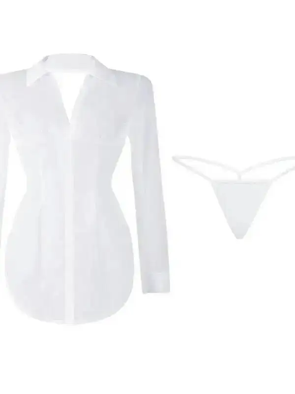 Sexy Collar Beautiful Back Deep V Lace-Up Split Secretary Transparent V -neck Long Sleeved Short Solid Color Dress Charming B373