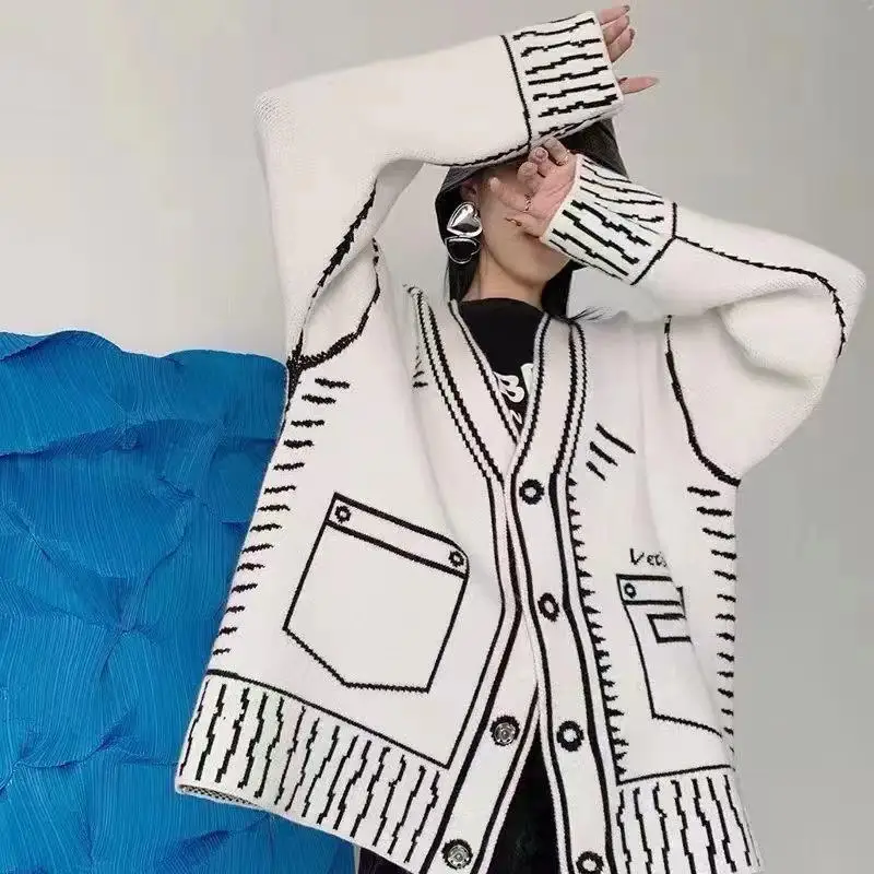 Femmes Bla Silhouette peinture fiti pull tricoté à la main Cardigan fibre de Polyester régulier Sve automne Faion