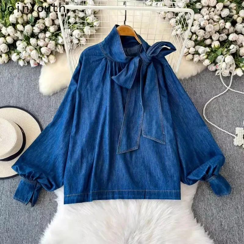 2024 Camisas De Mujer Denim Blouse Women's Clothing Temperament Lady Tops Bandage Bow Loose Fashion Casual Shirts Blouses 63b445