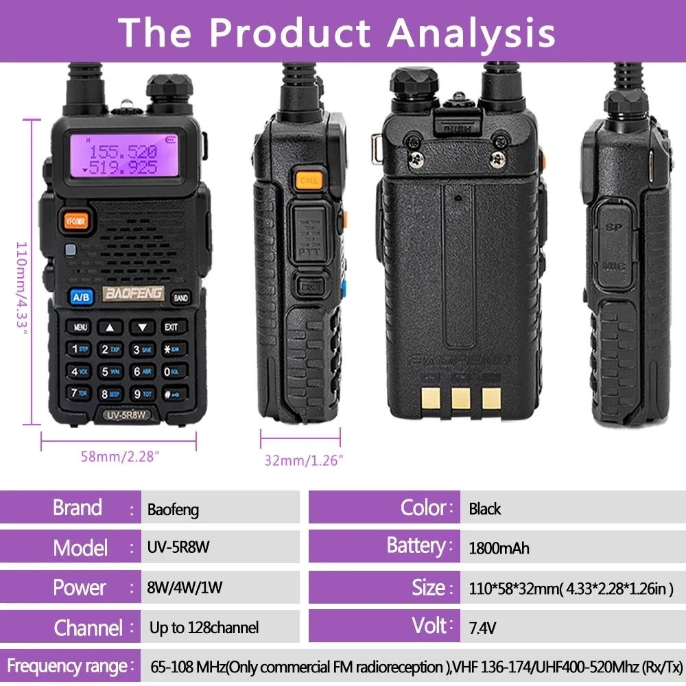 Baofeng UV-5R 8W True High Power 8/5W Walkie Talkie ยาว 16km Dual Band Two Way วิทยุ CB แบบพกพา UV5R การล่าสัตว์