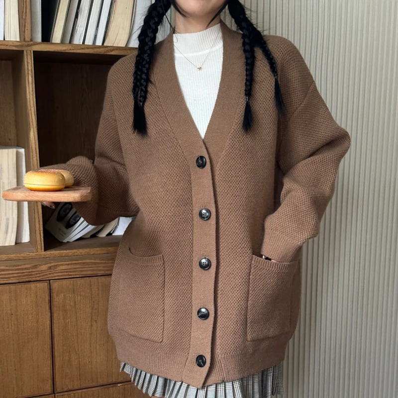 

Thicked V-neck Knitted Cadigan 2024 Autumn Winter Coat Korean Lolita Reglan Sleeve Big Pockets Oversized Sweater Cardigan femme