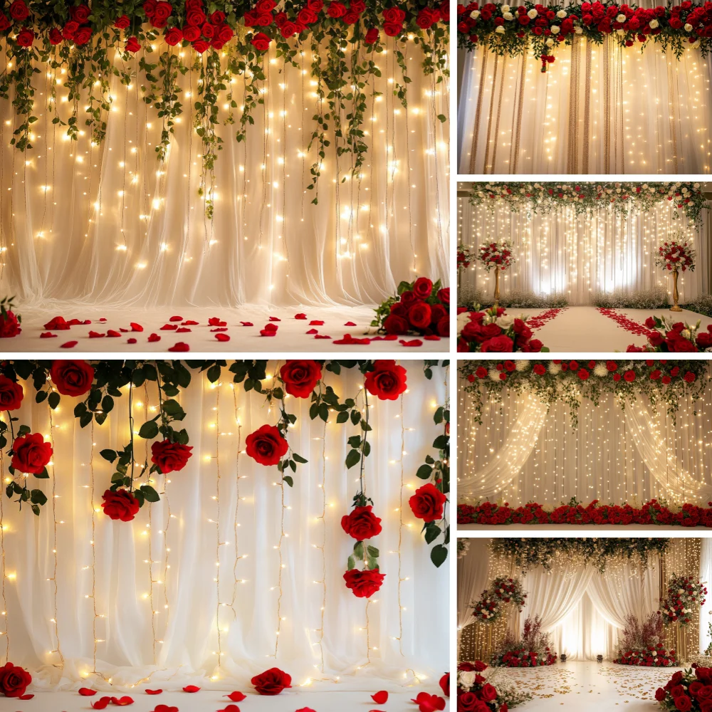 

February 14 Valentine's Day Backdrop Romantic Valentine Scenes Red Love Heart Floral Wedding Portrait Photography Background