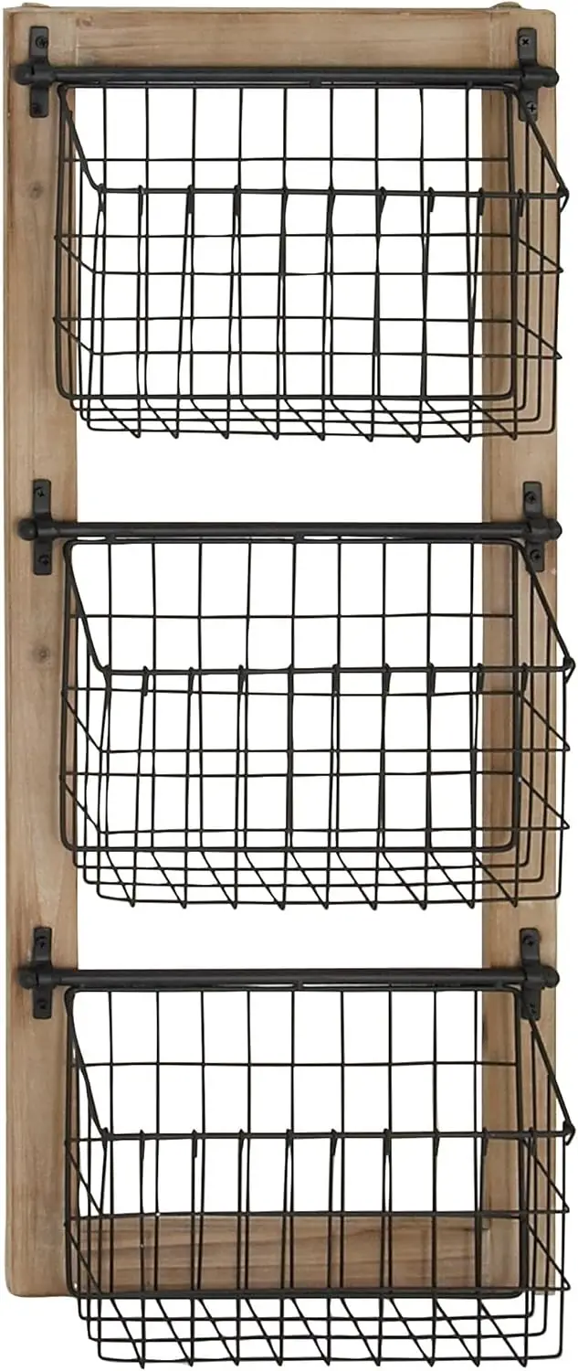 Metal 3 Slot Magazine Rack with Wood Frame and Wire Baskets, Black, 14x5x34 Inches