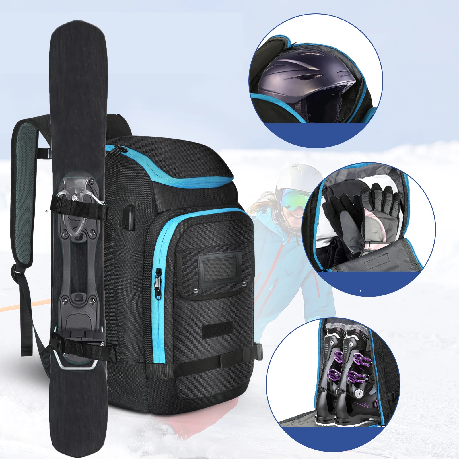 Ransel Boot Ski 50L, ransel perjalanan anti air kapasitas besar untuk helm Ski, sarung tangan goggle, papan salju & Aksesori