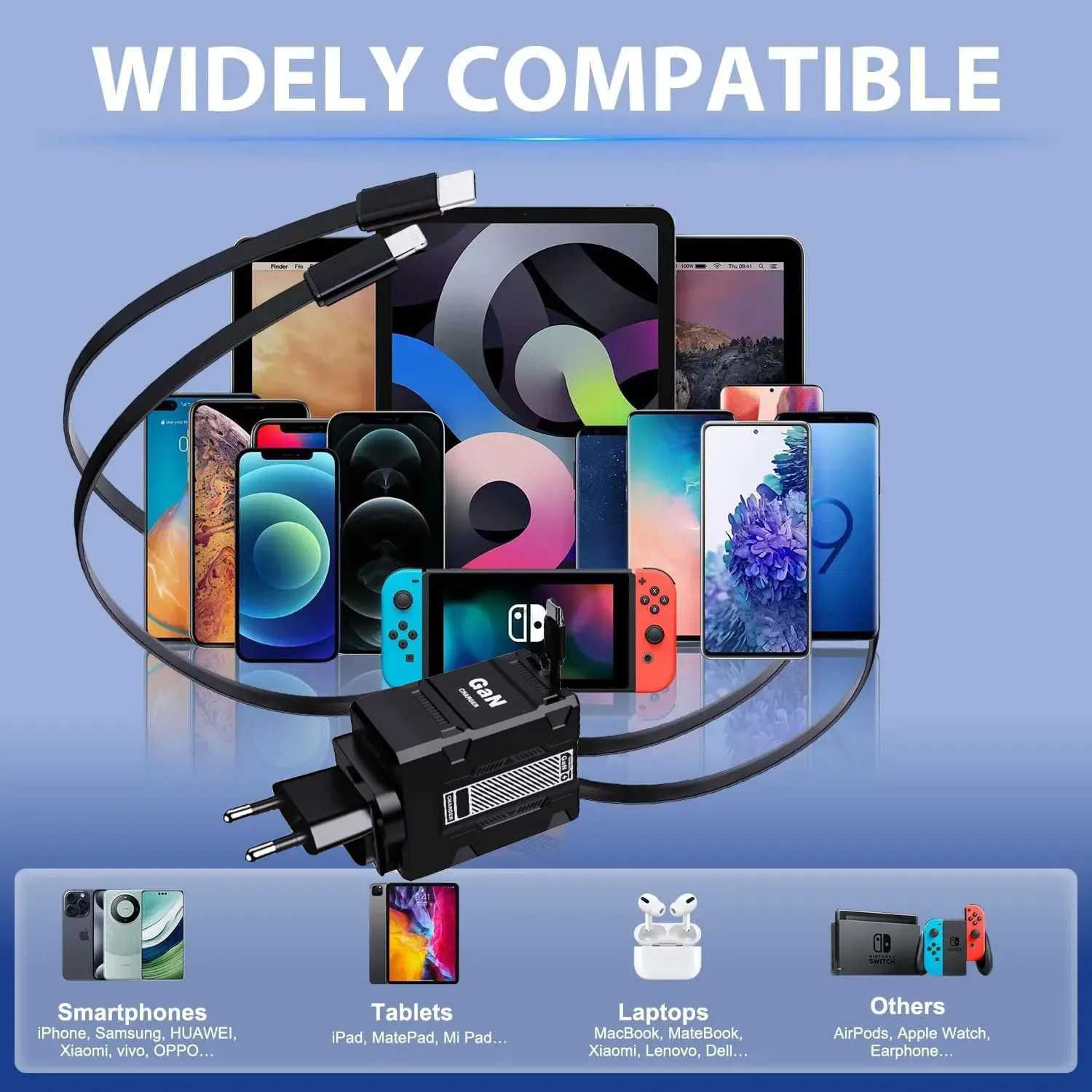 W&O 120W GaN-Ladegerät mit Einziehbarem Kabel Schnellladegerät für iPhone Xiaomi Samsung Reiseladegerät Universelles Telefonladegerät – Detail 1