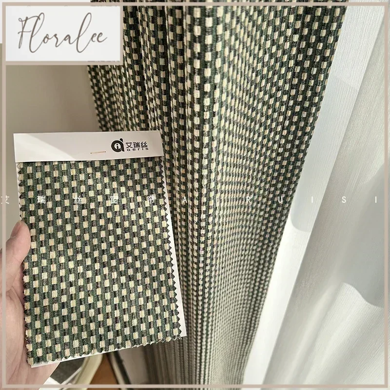 Customised Vintage Matcha Green Textured Woven Chenille Jacquard Curtains For Living Room Bedroom Balcony Finished Product