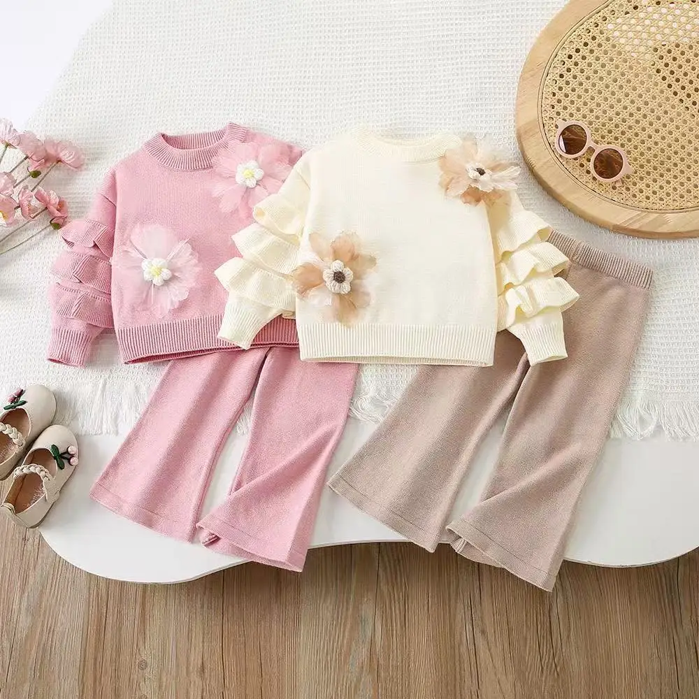 New Autumn Winter Baby Girls Korean Style Knit 2 PCS Outfit Stylish Solid Color Knit Pullover With 3D Flower Decoration