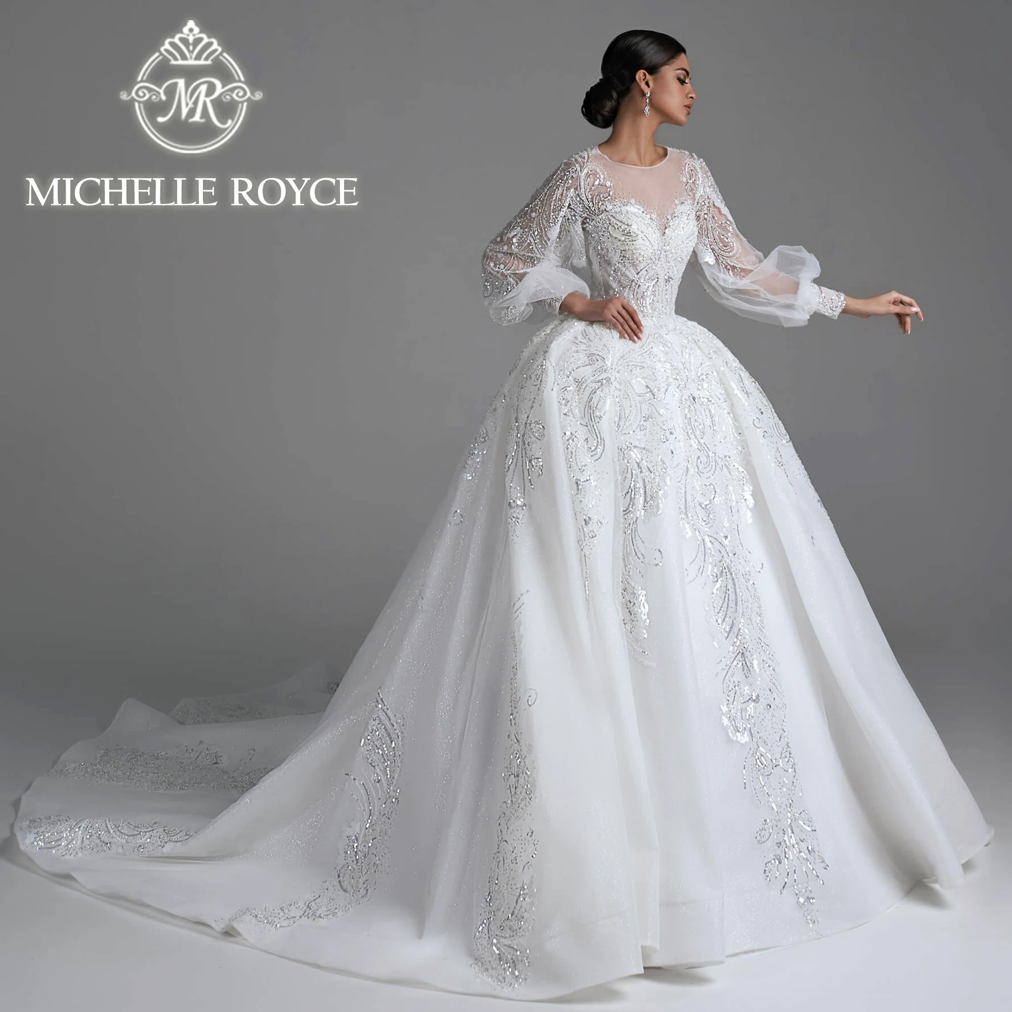 

Michelle Royce Ball Gown Wedding Dresses For Woman 2024 Puff Sleeve Invisible Neckline Sequined Wedding Gown Vestidos De Novia