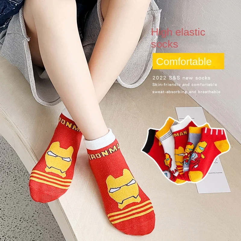 5 Pairs Spiderman Children Socks Anime Kids Boys Short Sock Iron Man Captain America Cartoon Baby Summer Spring Boat Socks 1-12Y