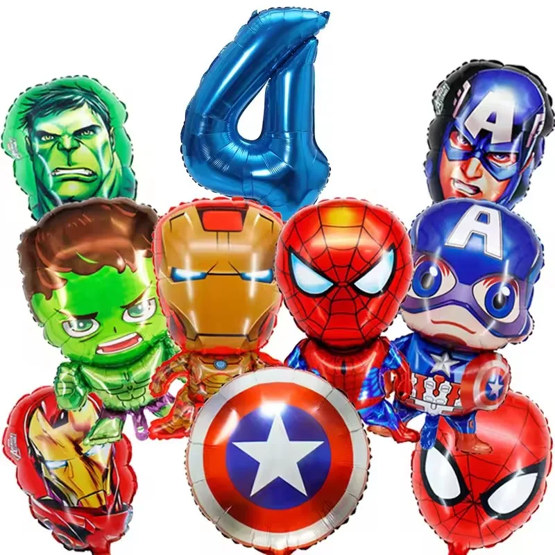 Lot de 10 ballons d'anniversaire super-héros Spider-Man, Iron Man, Hulk, ballons en aluminium, ballons chiffres, décoration de fête d'anniversaire héros